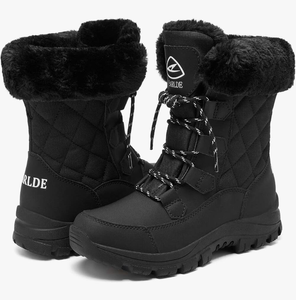 Earlde Women’s Snow Boot Waterproof Black Lace Up Size 8